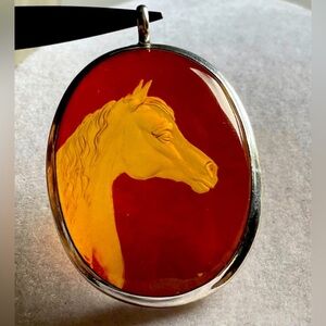 🐴 SOLD 🐴Vintage Amber Intaglio Horse Pendant Sterling Silver RARE